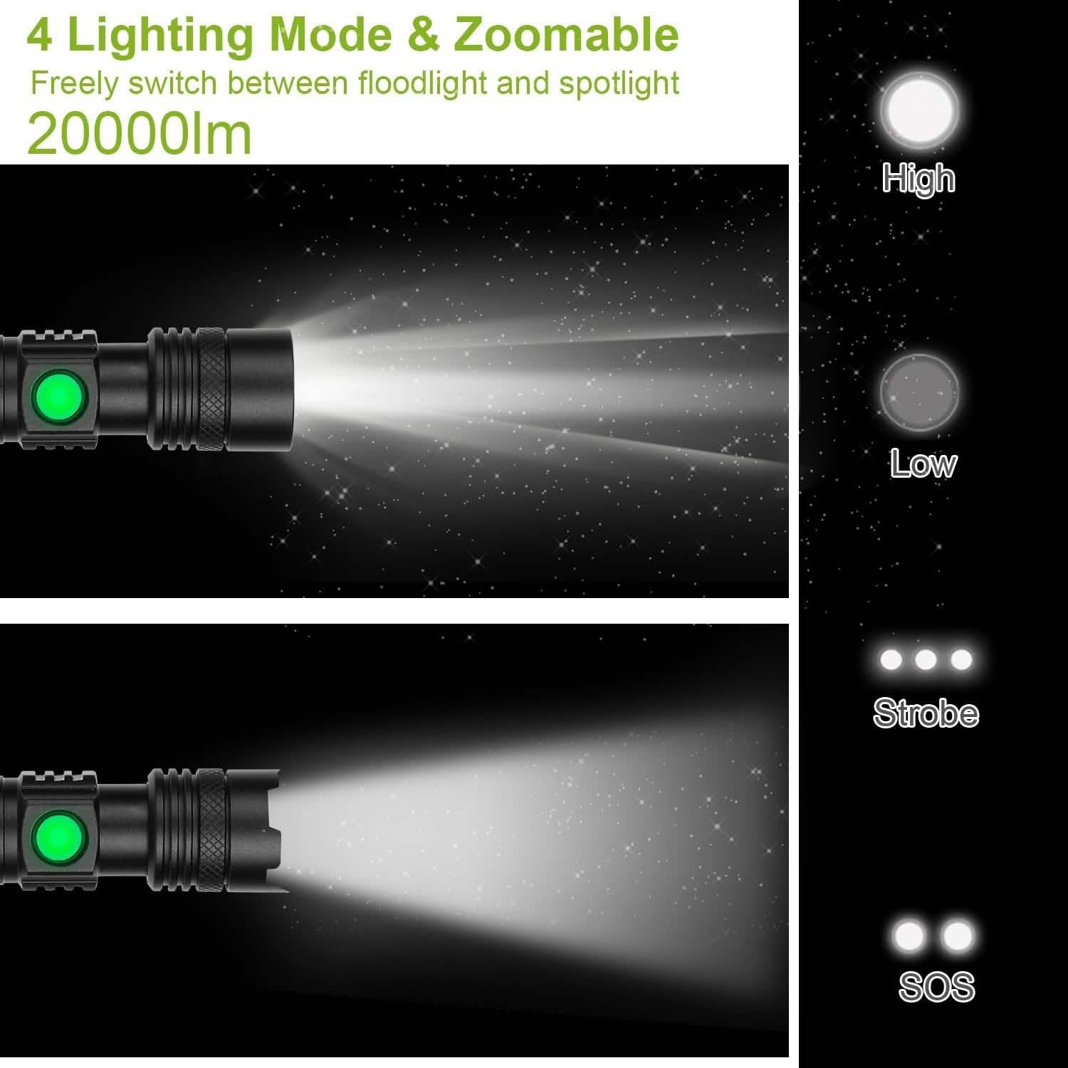 Lot de 2 : Lampe torche LED portable, zoomable et rechargeable par USB