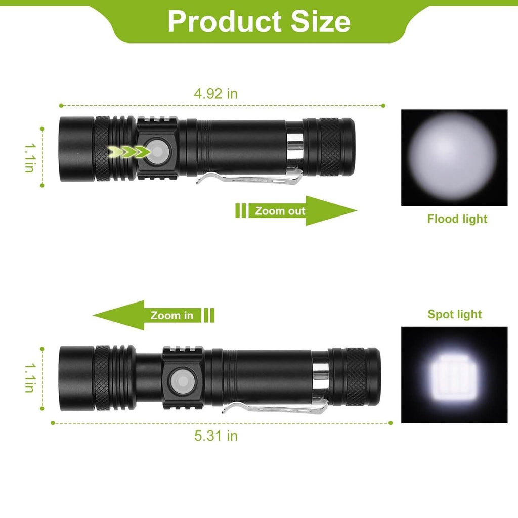 Lot de 2 : Lampe torche LED portable, zoomable et rechargeable par USB