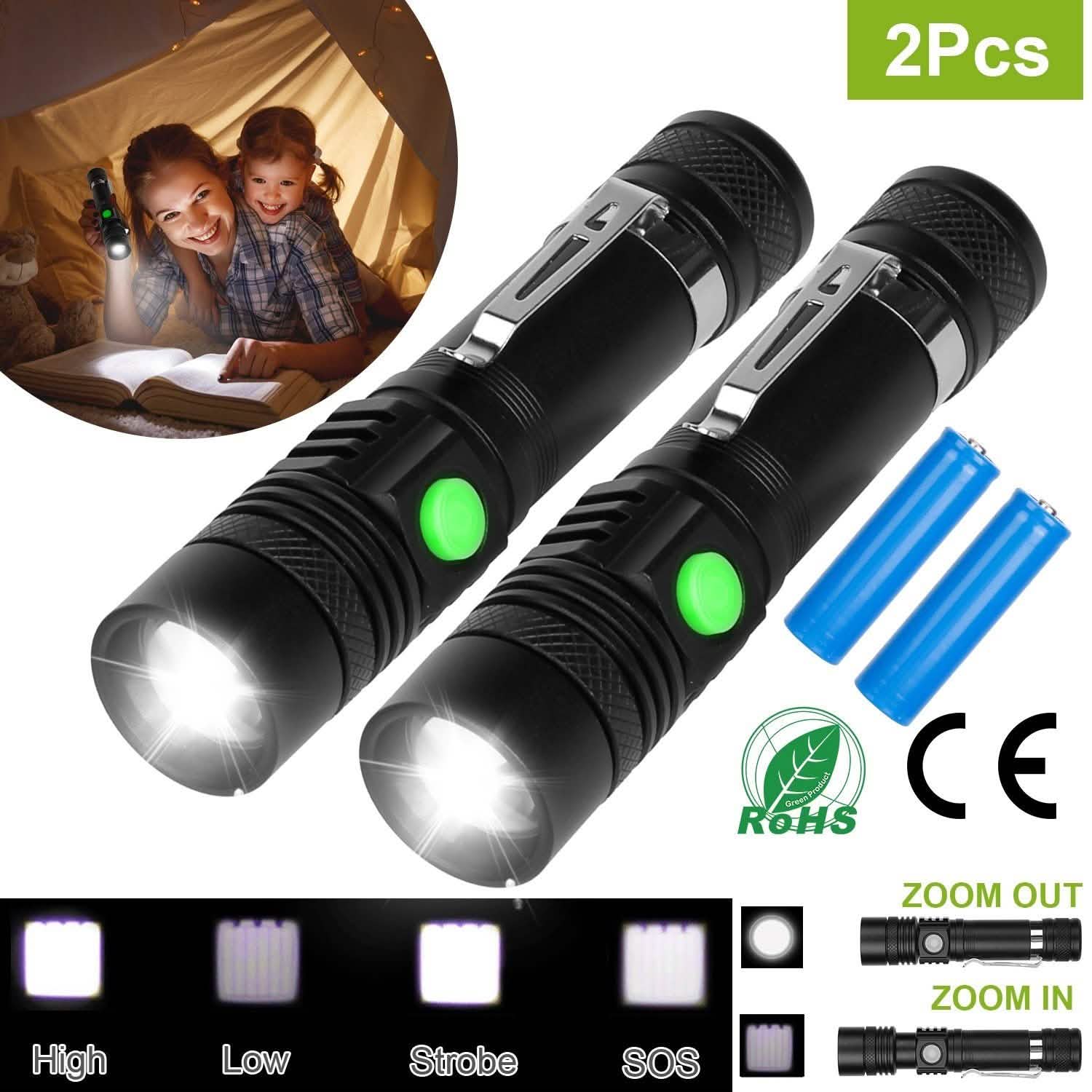 Lot de 2 : Lampe torche LED portable, zoomable et rechargeable par USB
