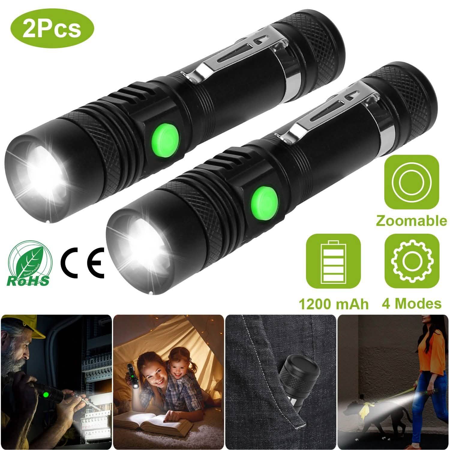 Lot de 2 : Lampe torche LED portable, zoomable et rechargeable par USB