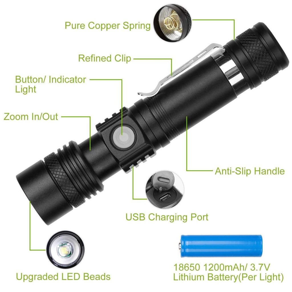 Lot de 2 : Lampe torche LED portable, zoomable et rechargeable par USB
