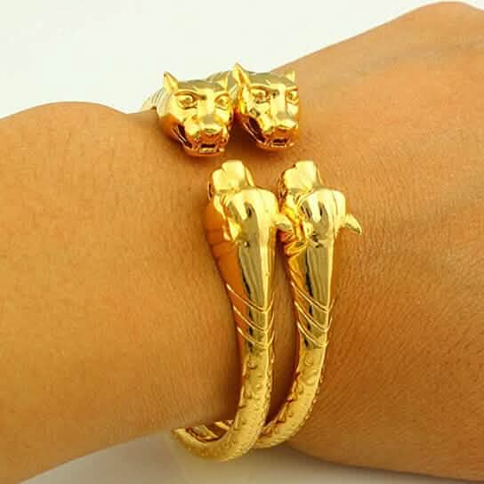 Ensemble 2 pièces : Jonc ajustable en or jaune 18 carats rempli, finition polie brillante, motif lion