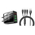 Ensemble 2 pièces : Chargeur mural haute vitesse 3 ports avec affichage LED noir + Câble 3-en-1