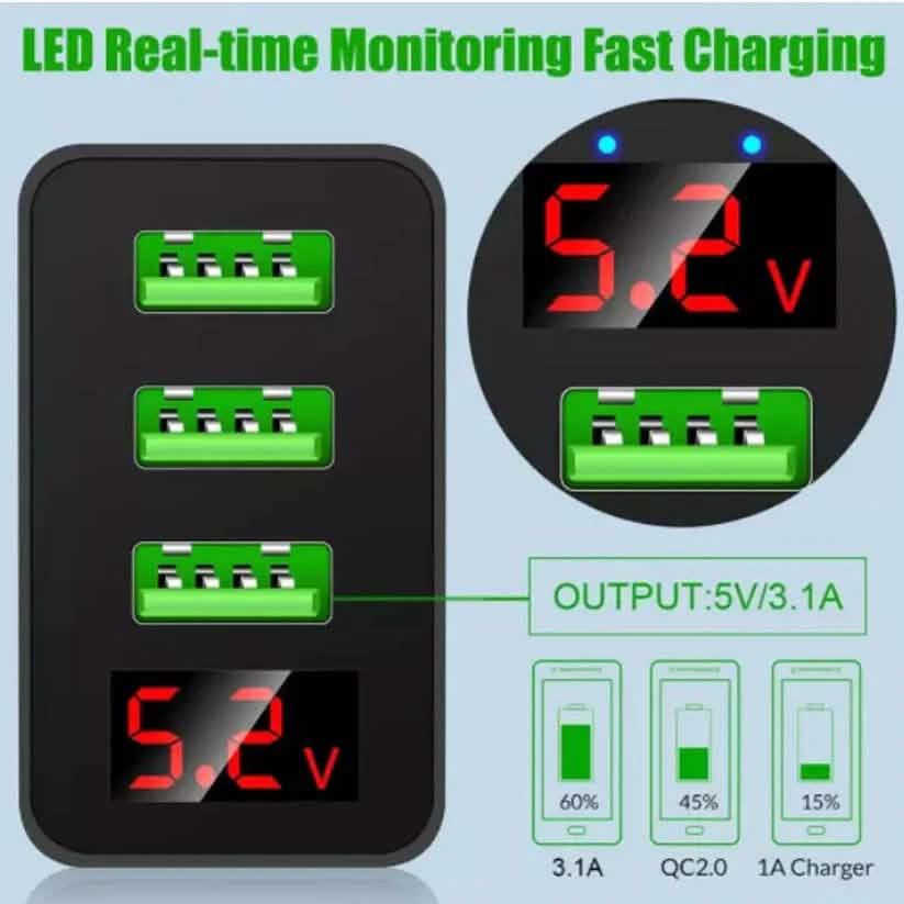 Ensemble 2 pièces : Chargeur mural haute vitesse 3 ports avec affichage LED noir + Câble 3-en-1