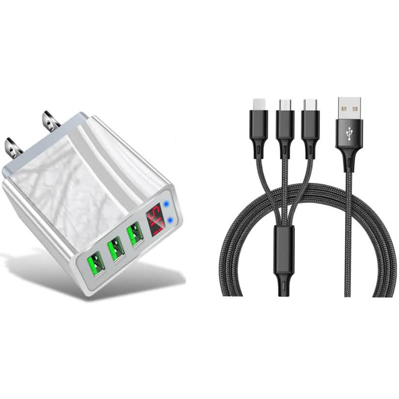 Lot de 2 : Chargeur mural haute vitesse 3 ports avec écran LED blanc + Câble 3-en-1