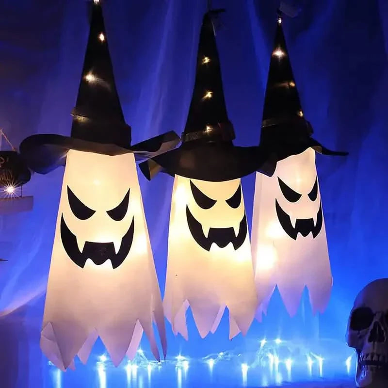 Lot de 2 : Décorations d'Halloween Chapeau de Sorcière Fantôme Lumineux