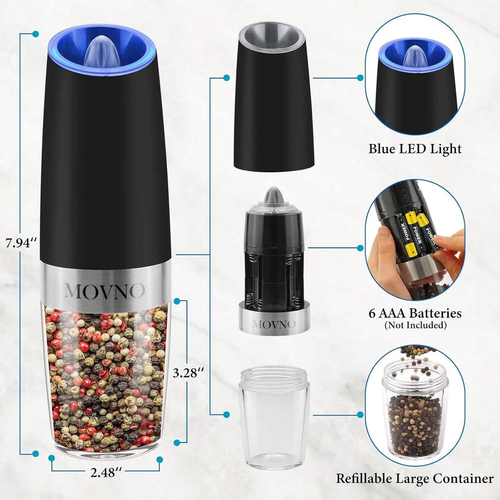 Lot de 2 : Ensemble Moulin à Sel et Poivre Électrique par Gravité, à Piles avec Lumière LED, Fonctionnement Automatique à une Main