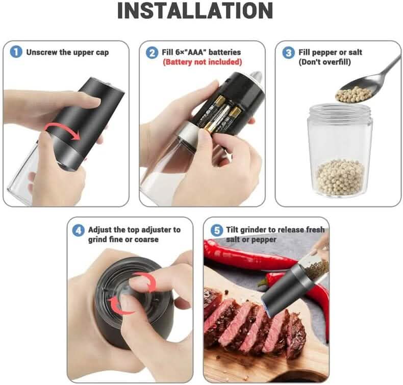 Lot de 2 : Ensemble Moulin à Sel et Poivre Électrique par Gravité, à Piles avec Lumière LED, Fonctionnement Automatique à une Main