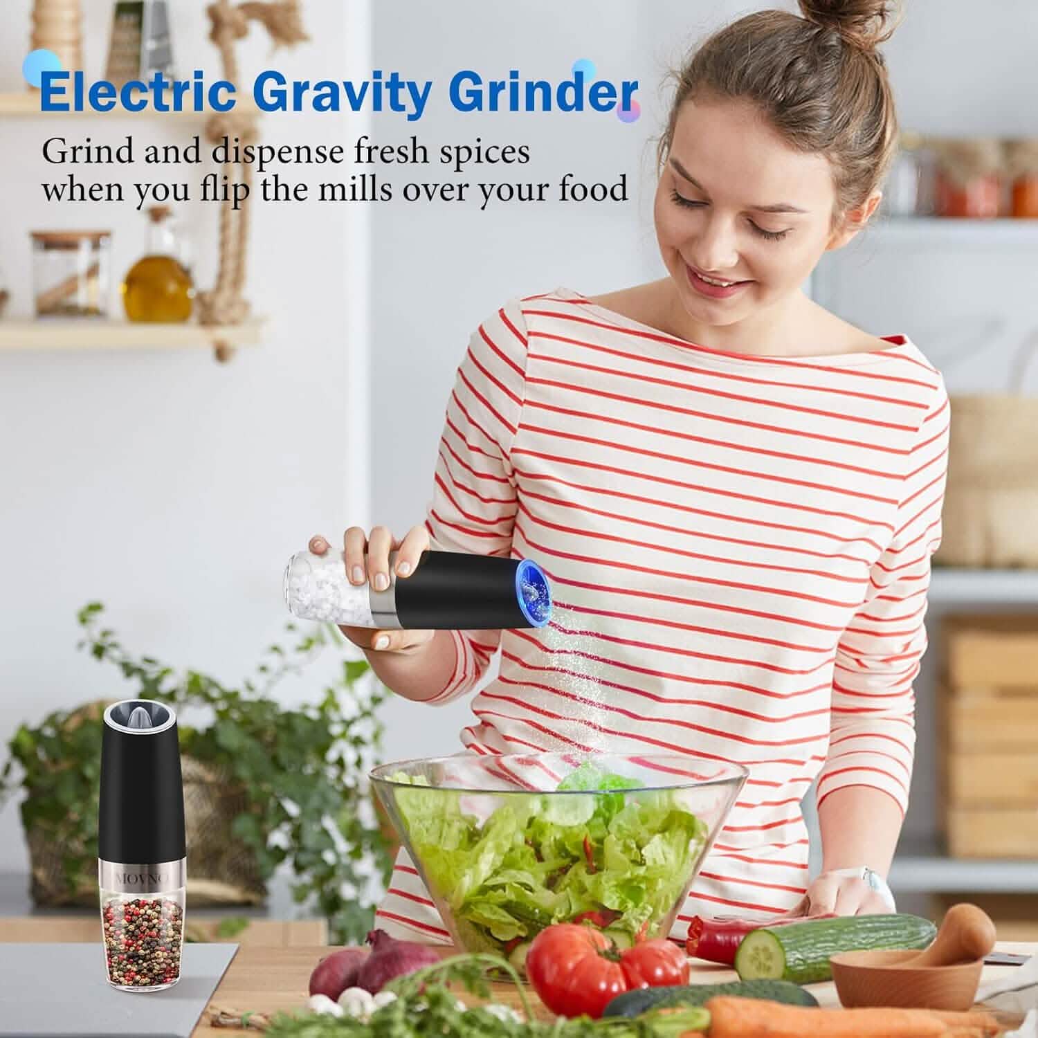 Lot de 2 : Ensemble Moulin à Sel et Poivre Électrique par Gravité, à Piles avec Lumière LED, Fonctionnement Automatique à une Main
