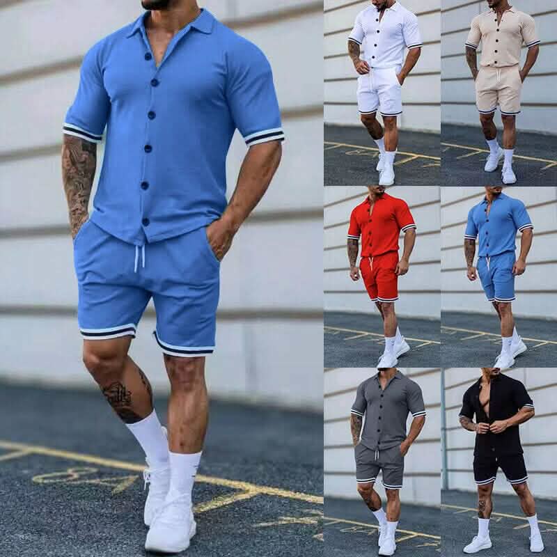 Ensemble 2 pièces : Chemise homme à manches courtes avec rayures unies et revers
