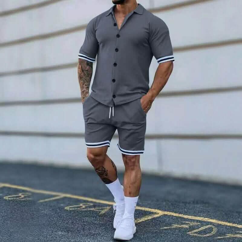 Ensemble 2 pièces : Chemise homme à manches courtes avec rayures unies et revers