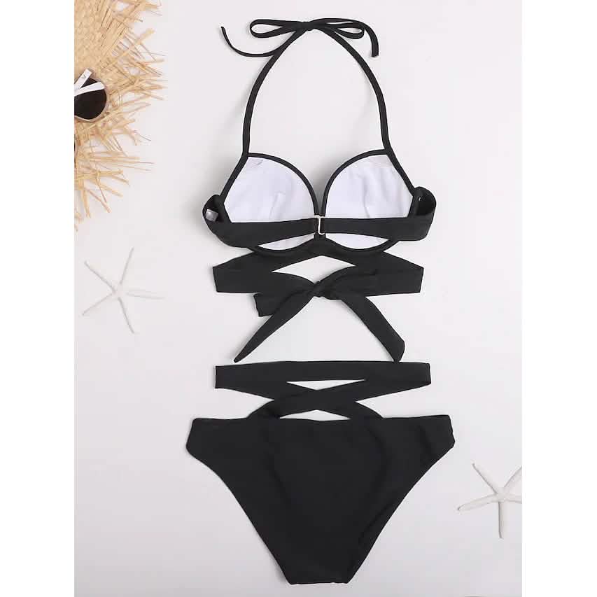 Ensemble 2 pièces : Maillot de bain femme bikini push-up dos nu de couleur unie