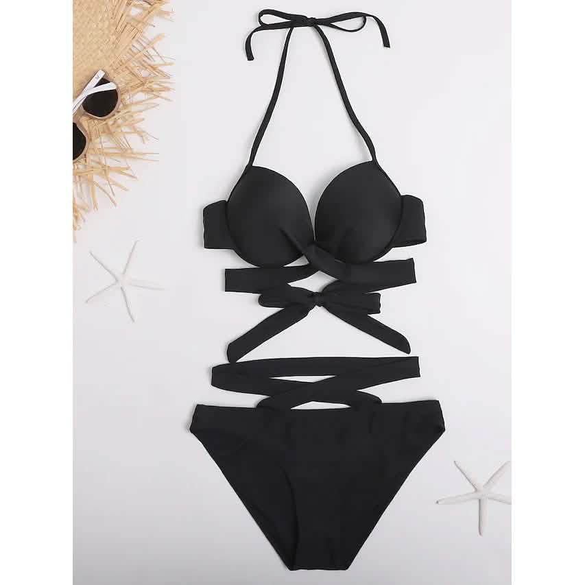 Ensemble 2 pièces : Maillot de bain femme bikini push-up dos nu de couleur unie