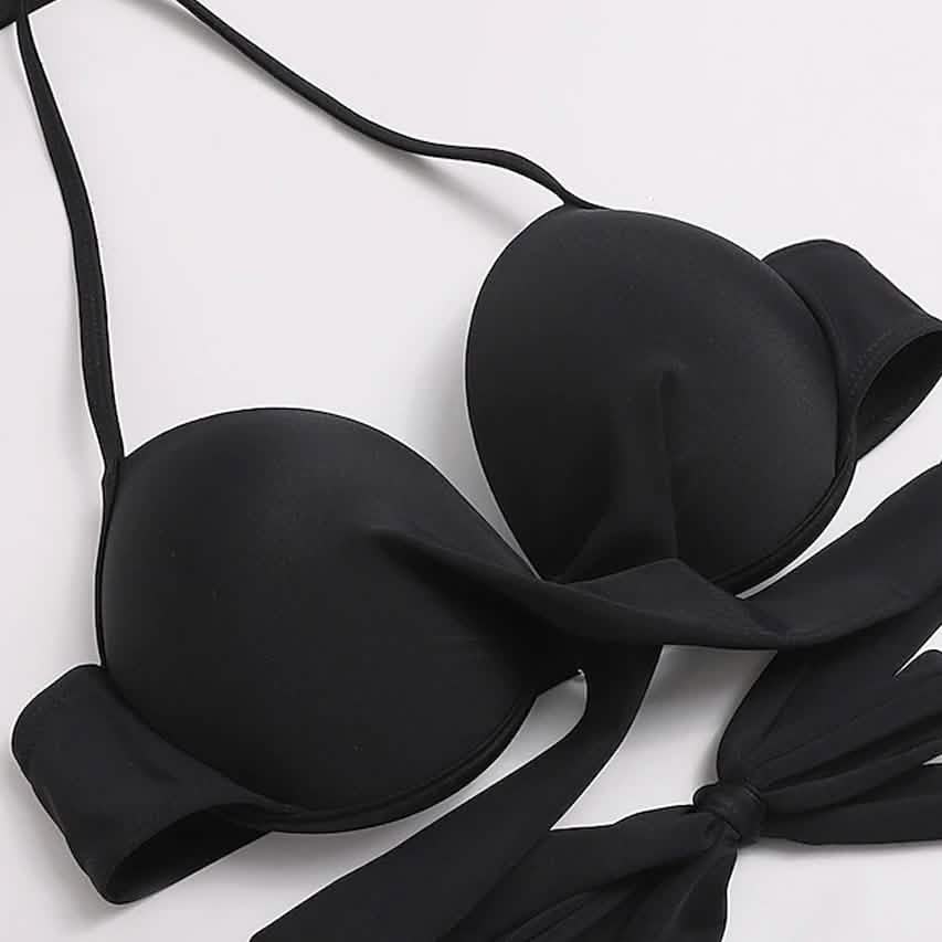 Ensemble 2 pièces : Maillot de bain femme bikini push-up dos nu de couleur unie