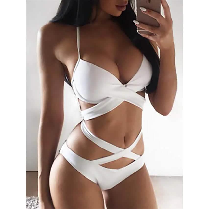 Ensemble 2 pièces : Maillot de bain femme bikini push-up dos nu de couleur unie