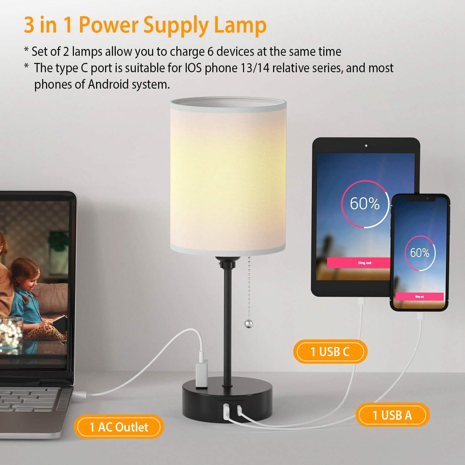 2 pièces : Lampes de chevet 3 modes de couleur Ports de sortie USB C+A CA Chaîne de traction