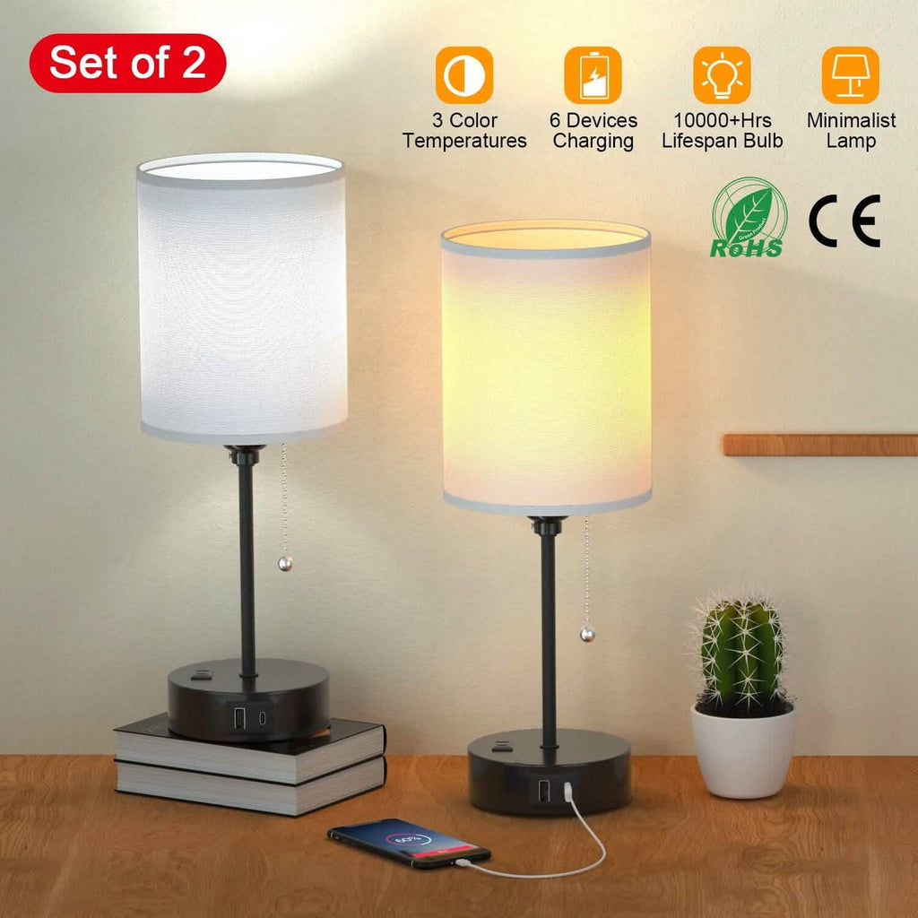 2 pièces : Lampes de chevet 3 modes de couleur Ports de sortie USB C+A CA Chaîne de traction