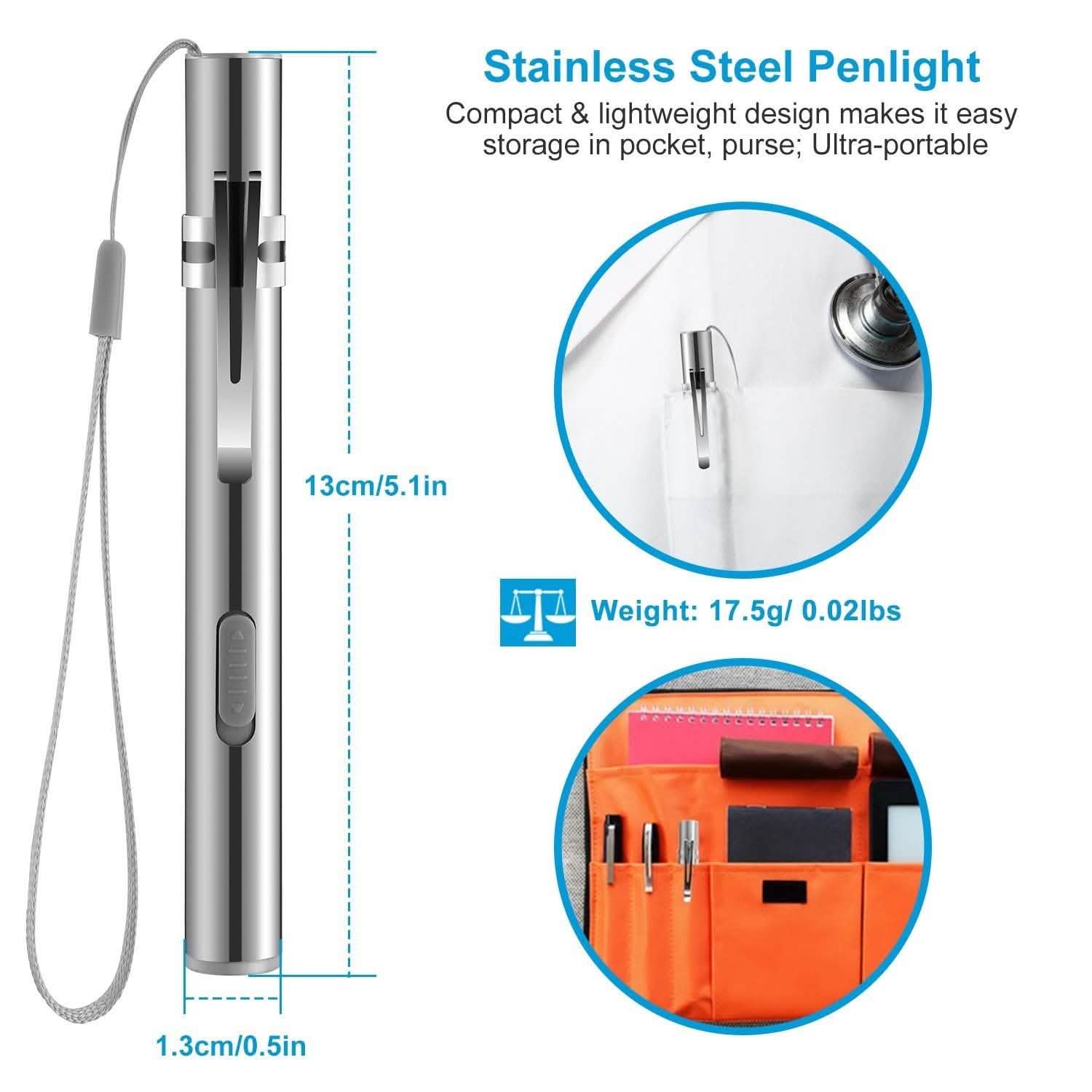 Lot de 2 : lampe de poche en acier inoxydable résistante à l'eau pour étudiants en médecine