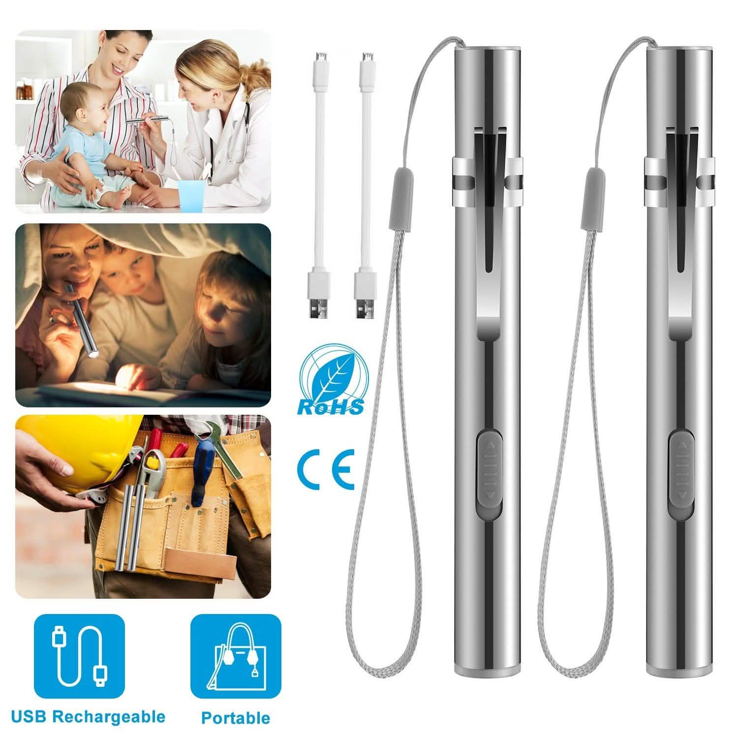 Lot de 2 : lampe de poche en acier inoxydable résistante à l'eau pour étudiants en médecine