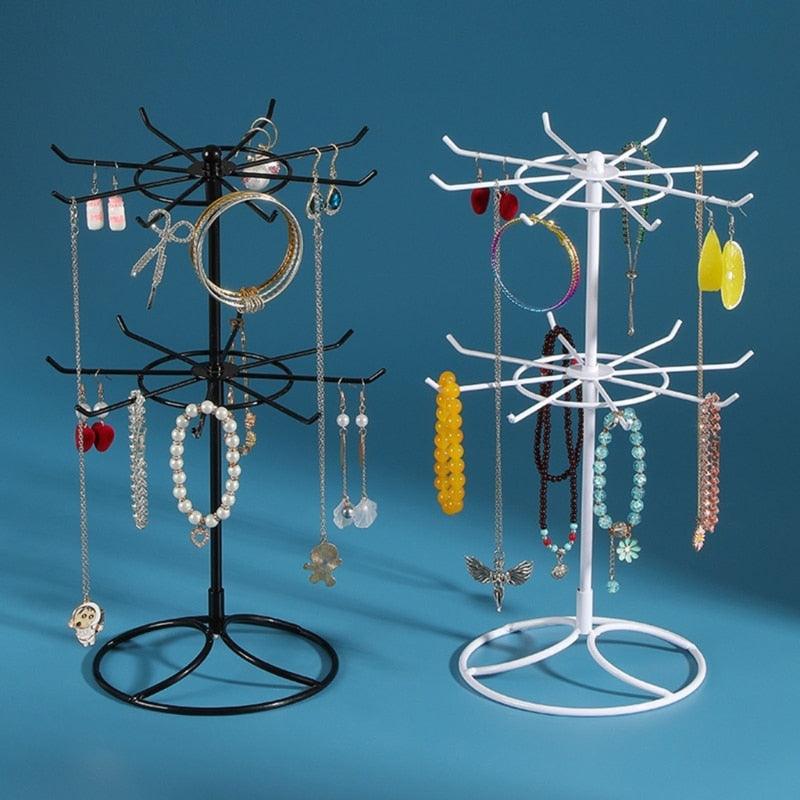 Présentoir à bijoux rotatif à 2 étages, support de rangement pour boucles d'oreilles et colliers, support à bijoux rotatif durable, cintre à bijoux rotatif à 2 étages en métal noir, organisateur de bijoux