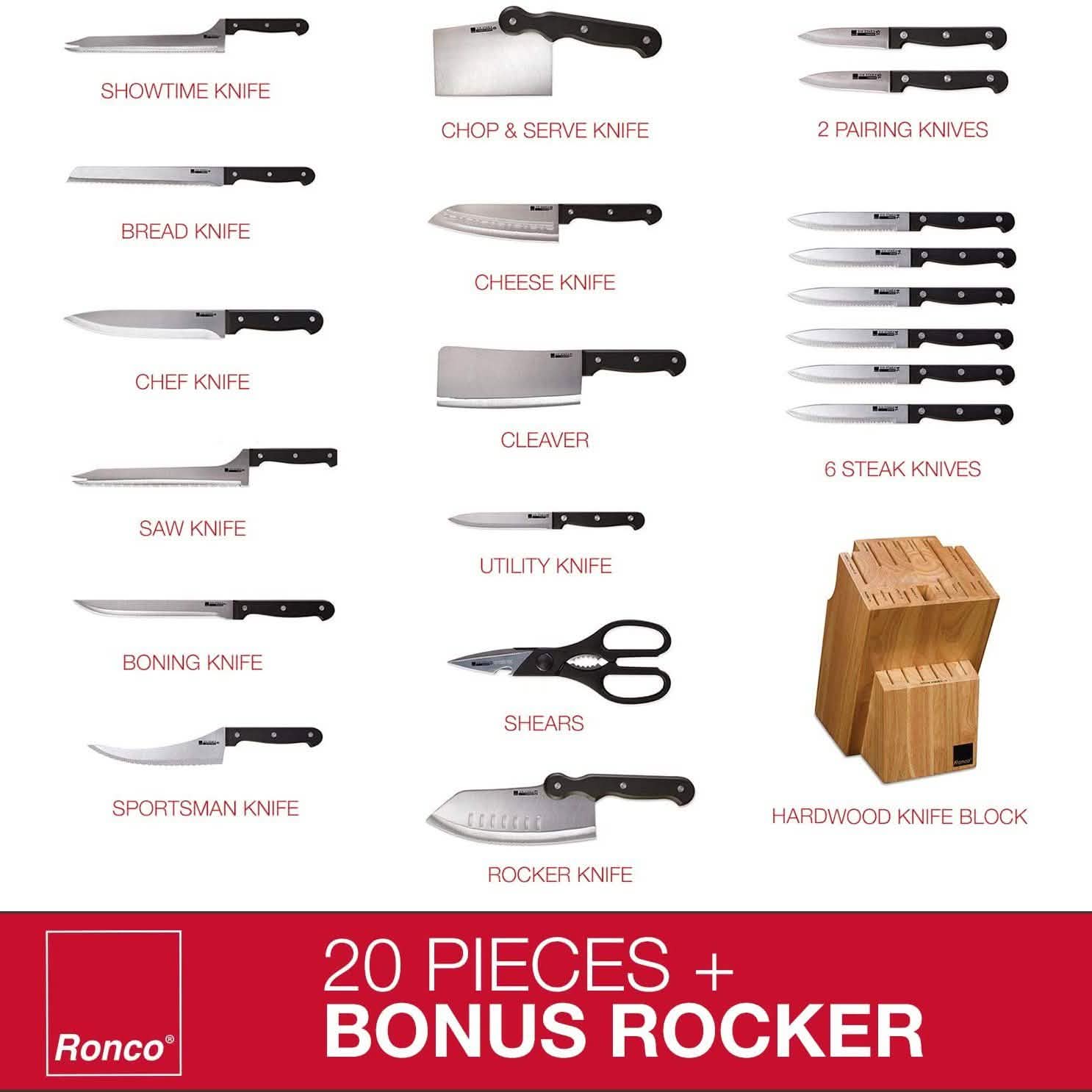 20 pièces : Bloc de couteaux de cuisine professionnels