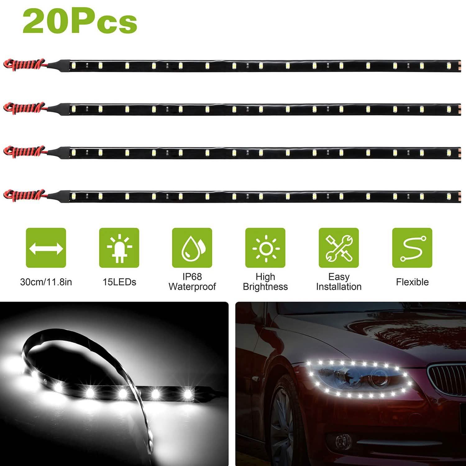 Lot de 20 : Bande lumineuse LED 12 V pour voiture