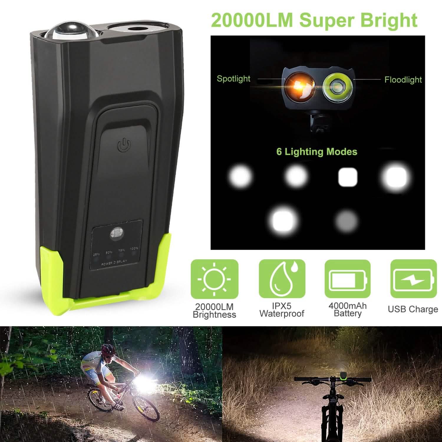 Phare avant de vélo 20000LM avec avertisseur sonore 120 dB