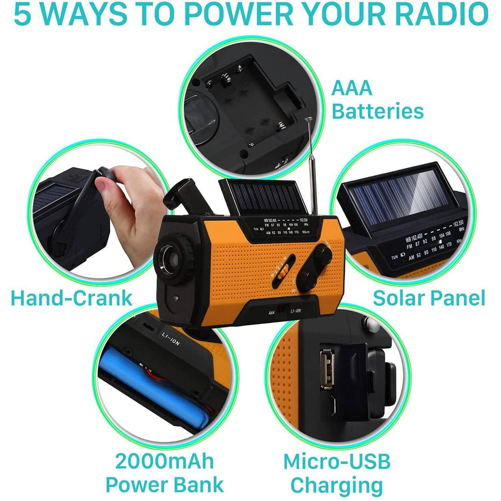 Radio météo d'urgence NOAA 2000 mAh avec banque d'alimentation portable et recharge solaire