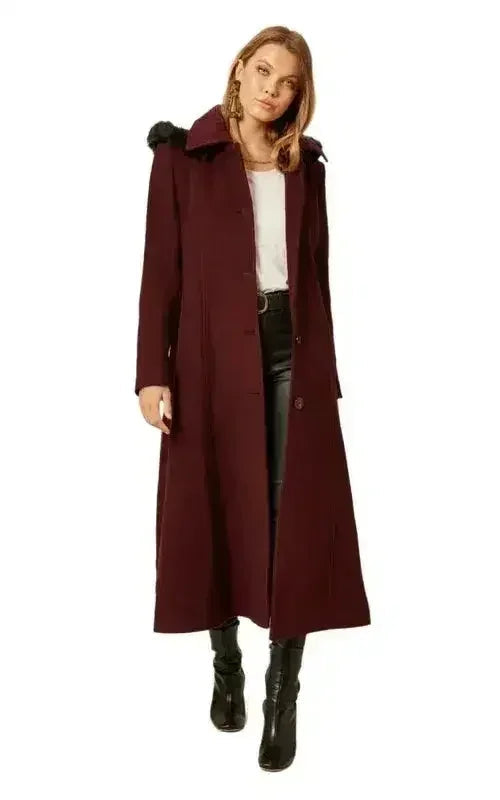 Manteau long à capuche avec bordure en fausse fourrure et mélange de laine