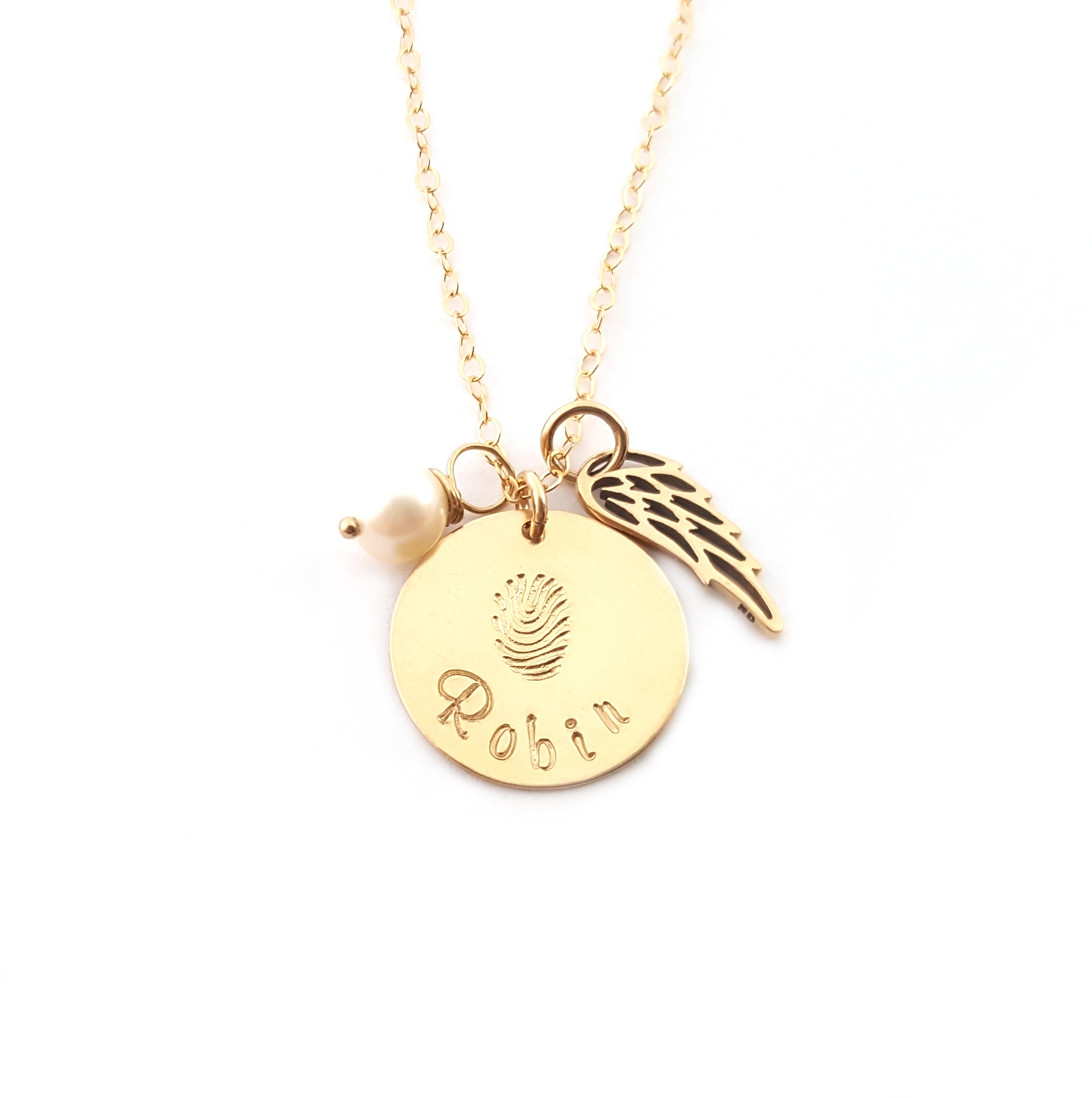 Fingerprint Custom Name Disc Memorial Angel Wing Necklace - 14k Gold Filled Jewelry - Personalized Necklace - Gift For Her