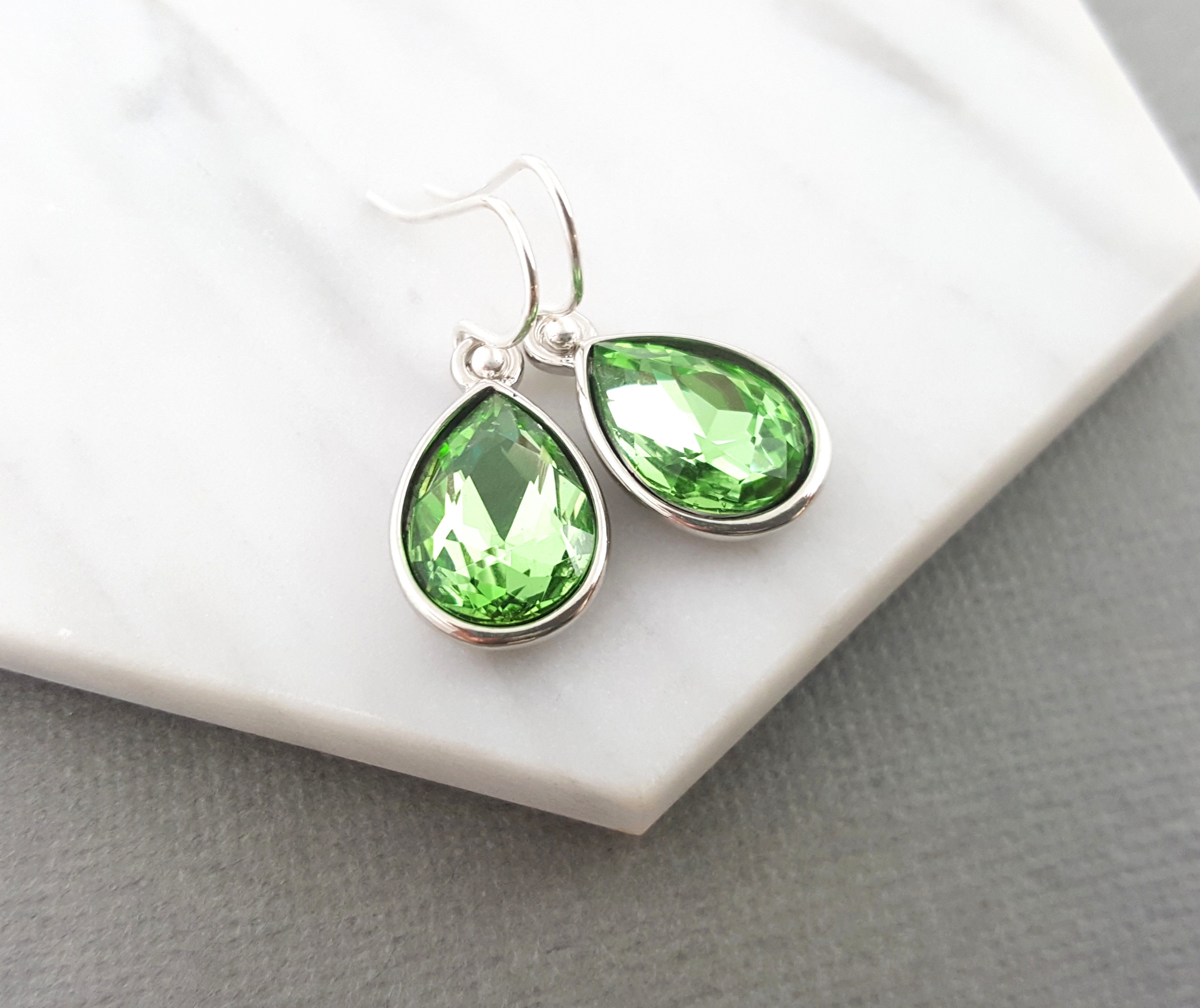 August Birthstone Earrings – Peridot Crystal Teardrop Earrings, Sterling Silver Ear Wires, Handmade Gift
