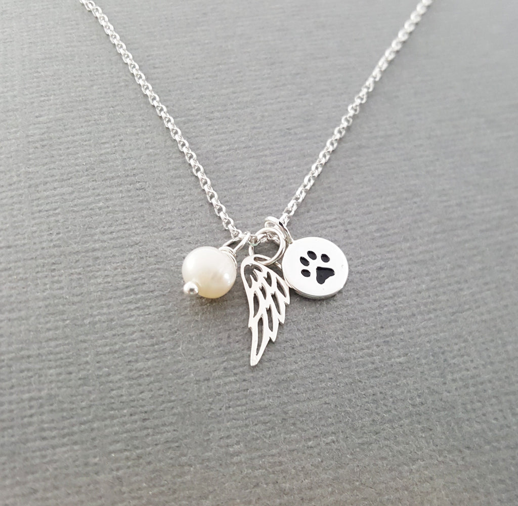 Paw Print Angel Wing Memorial Necklace - Pet Loss Necklace - Sterling Silver - Memorial Jewelry