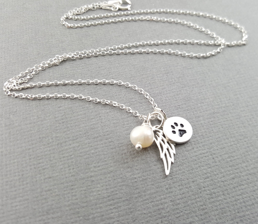 Paw Print Angel Wing Memorial Necklace - Pet Loss Necklace - Sterling Silver - Memorial Jewelry