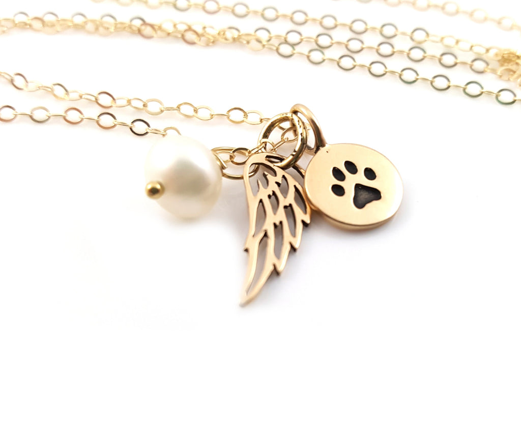 Paw Print Angel Wing Memorial Necklace - Pet Loss Necklace - 14k Gold Filled - Memorial Jewelry
