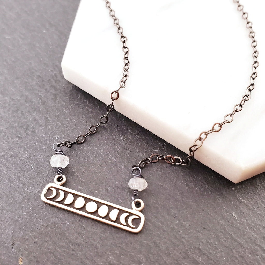 Breloque Céleste Phase Lunaire - Collier en Argent Sterling Oxydé - Cadeau pour Elle