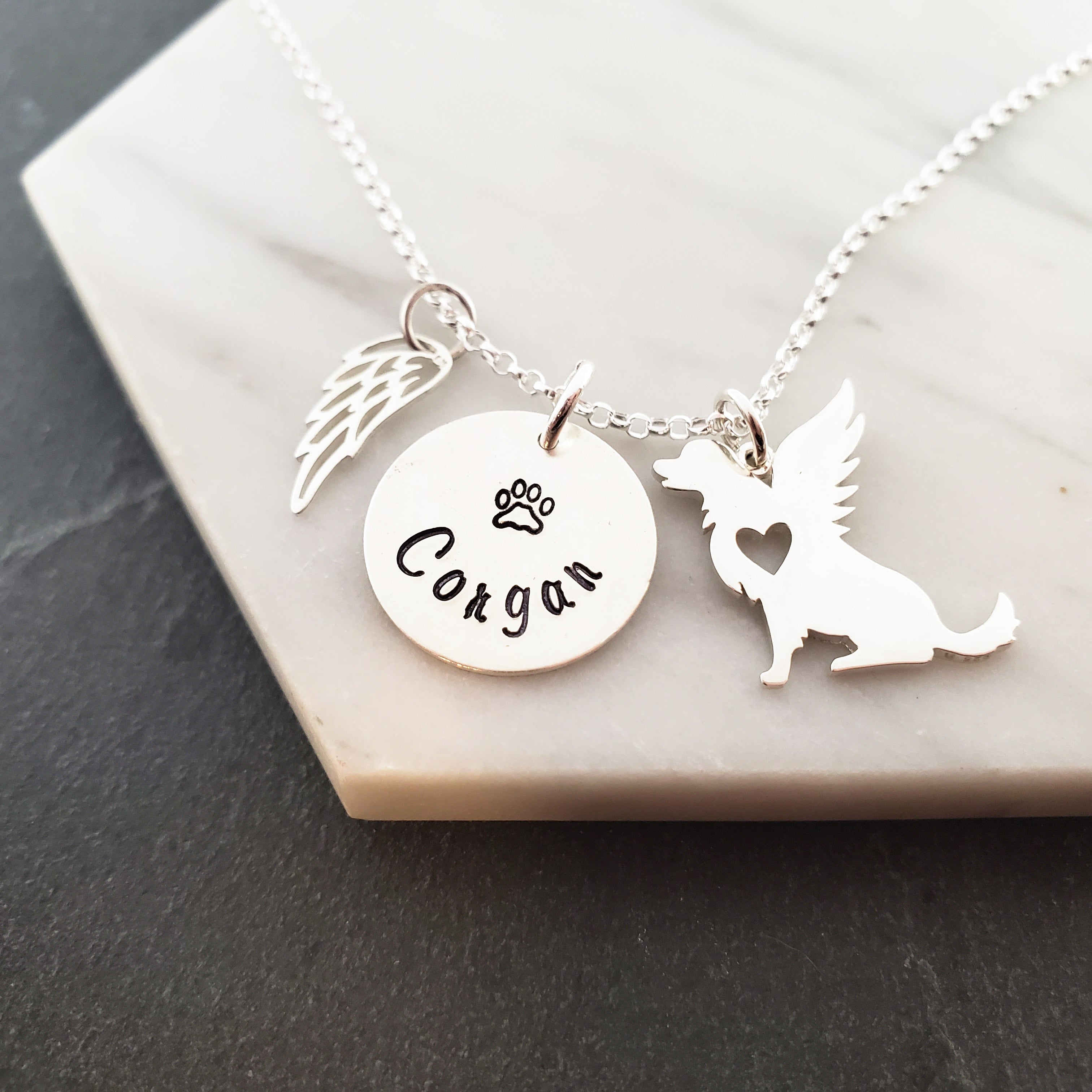 Collier personnalisé ailes d'ange pour chien - Breloque de deuil pour animal de compagnie - Collier en argent sterling