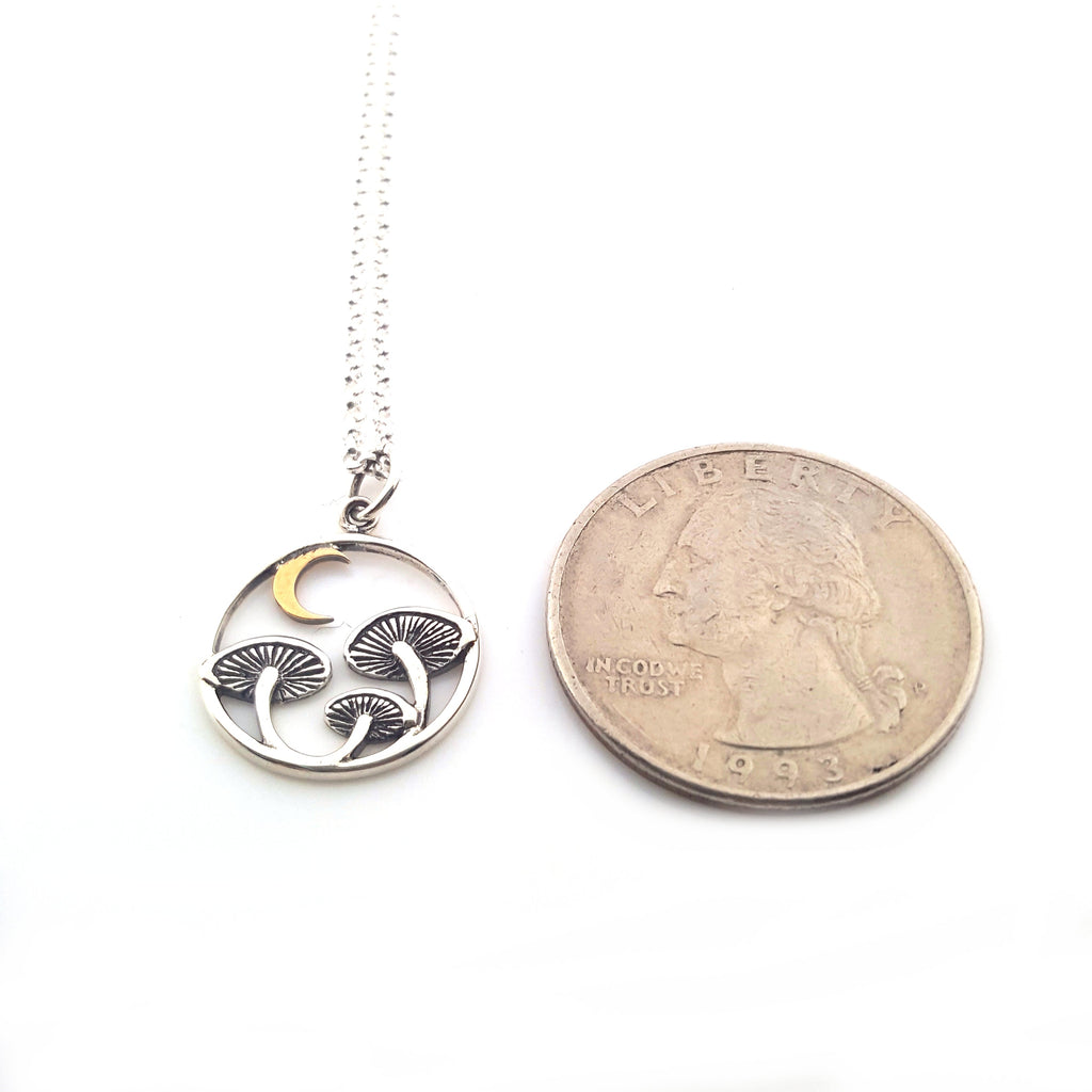Sterling Silver Mushroom & Bronze Moon Necklace – Woodland Witchy Jewelry