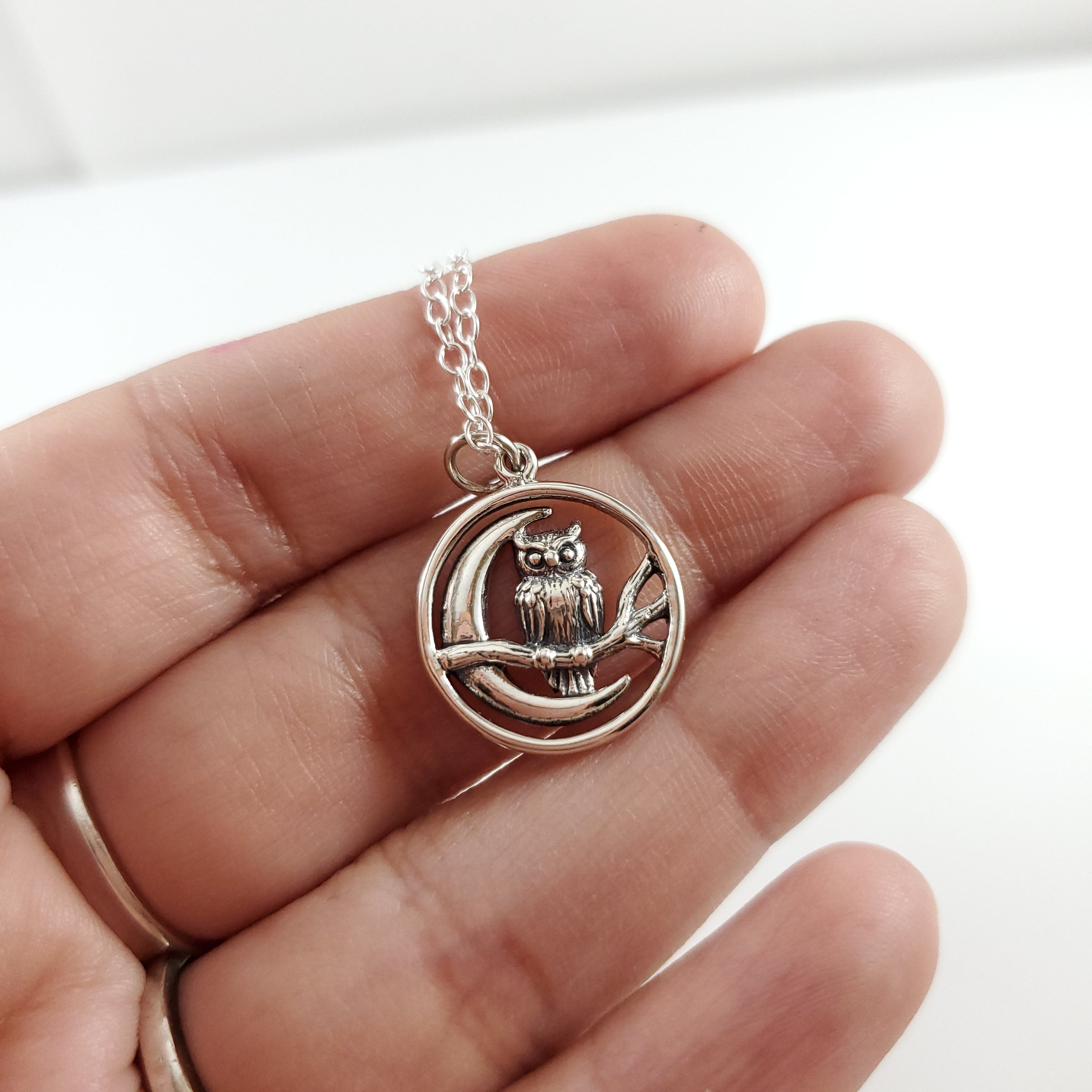 Moon Charm with Owl Necklace - Sterling Silver Jewelry