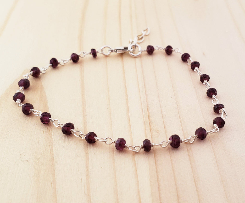 Garnet Gemstone Wire Wrapped Sterling Silver Bracelet