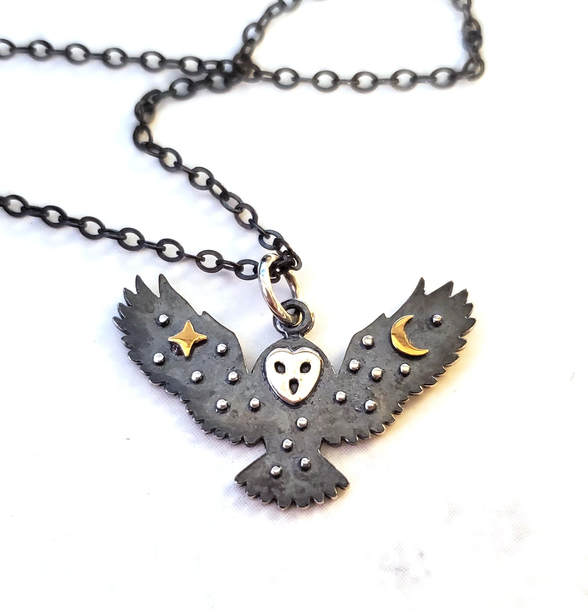 Oxidized Owl with Stars and Moon Sterling Silver Necklace