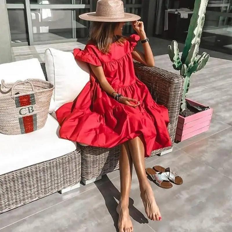 Robe décontractée ample à col rond et manches courtes style rétro pour femmes - Jolies robes tendance pour femmes