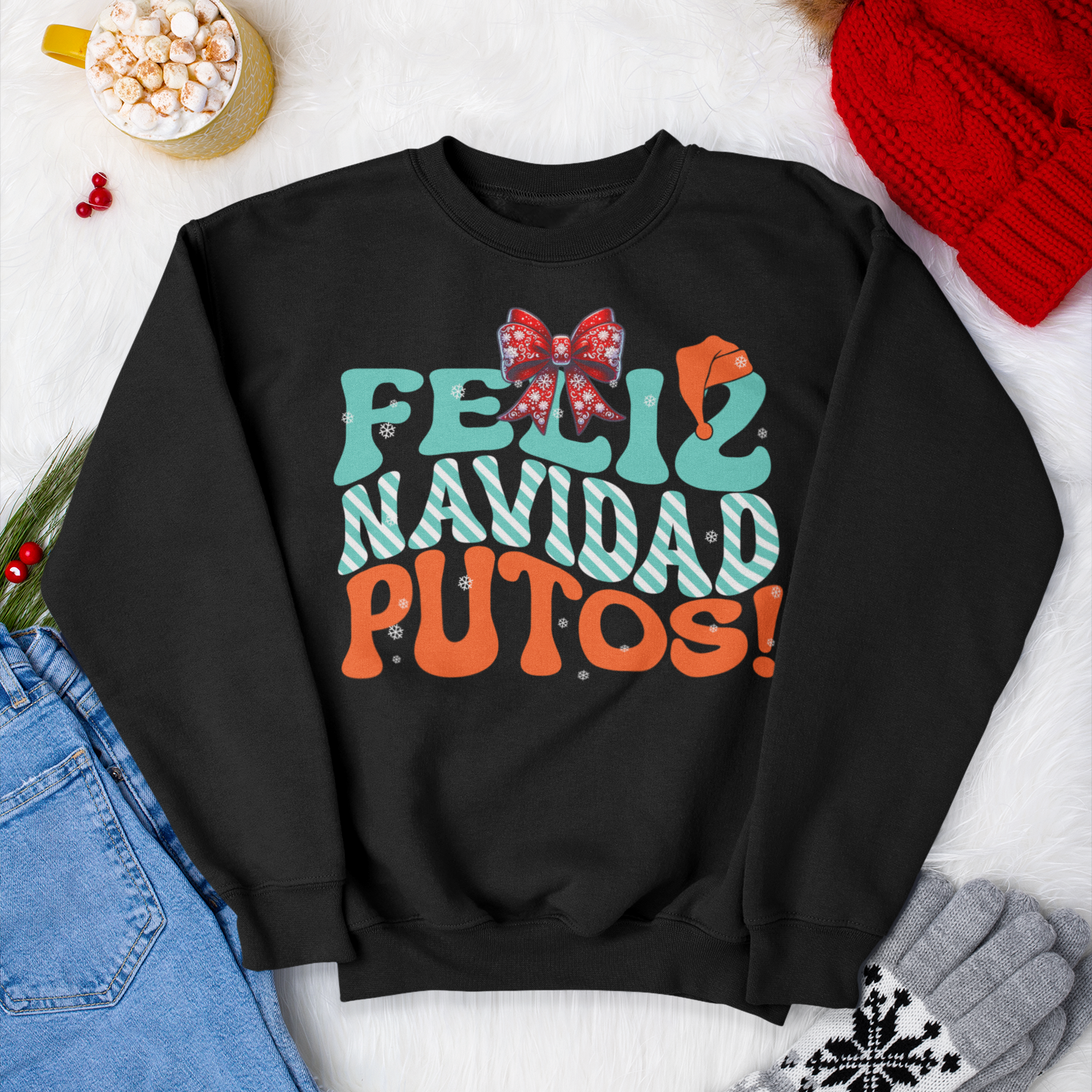 Feliz Navidad Putos ! Sweat-shirt col rond de Noël confortable | Fête latino 3 Couleurs