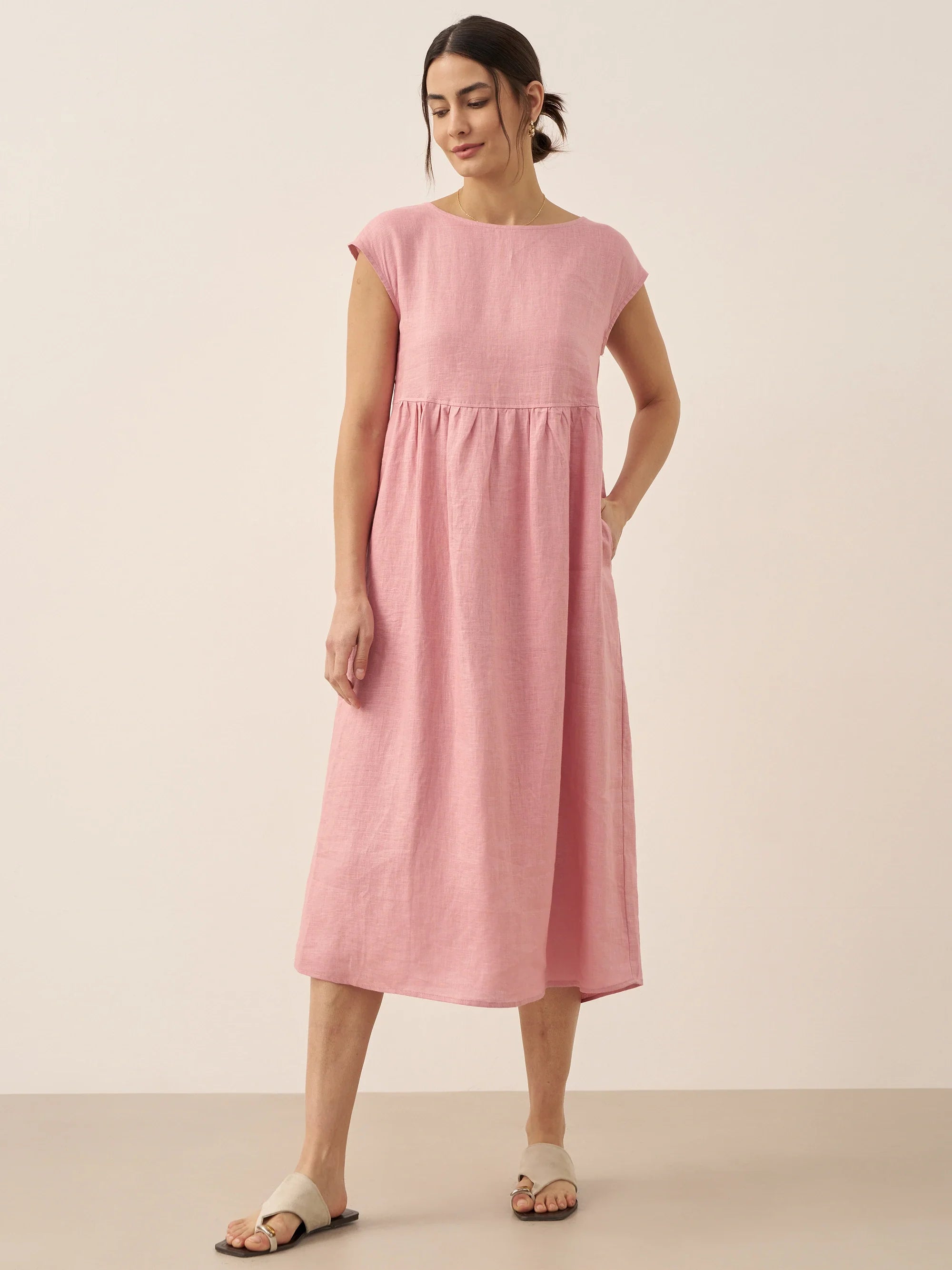 Robe midi lavée en lin à rayures et manches courtes JOAN