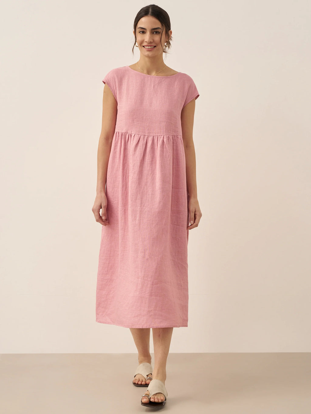 Robe midi lavée en lin à rayures et manches courtes JOAN