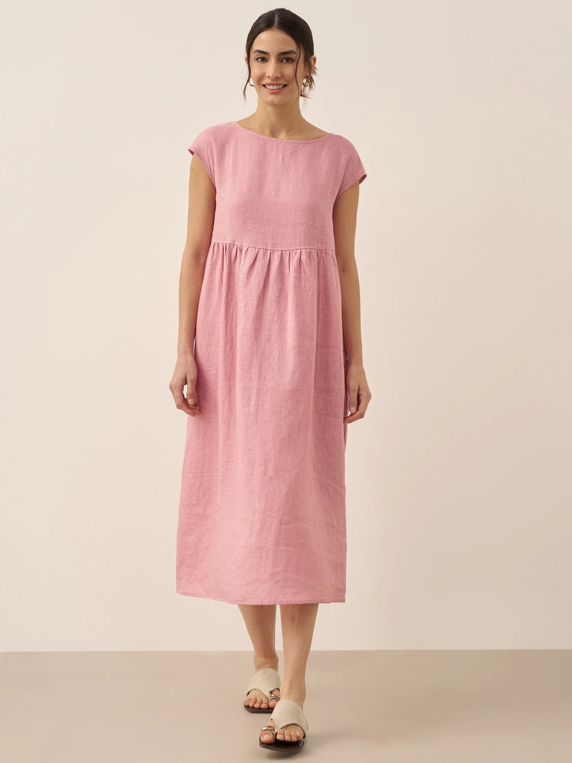 Robe midi lavée en lin à rayures et manches courtes JOAN