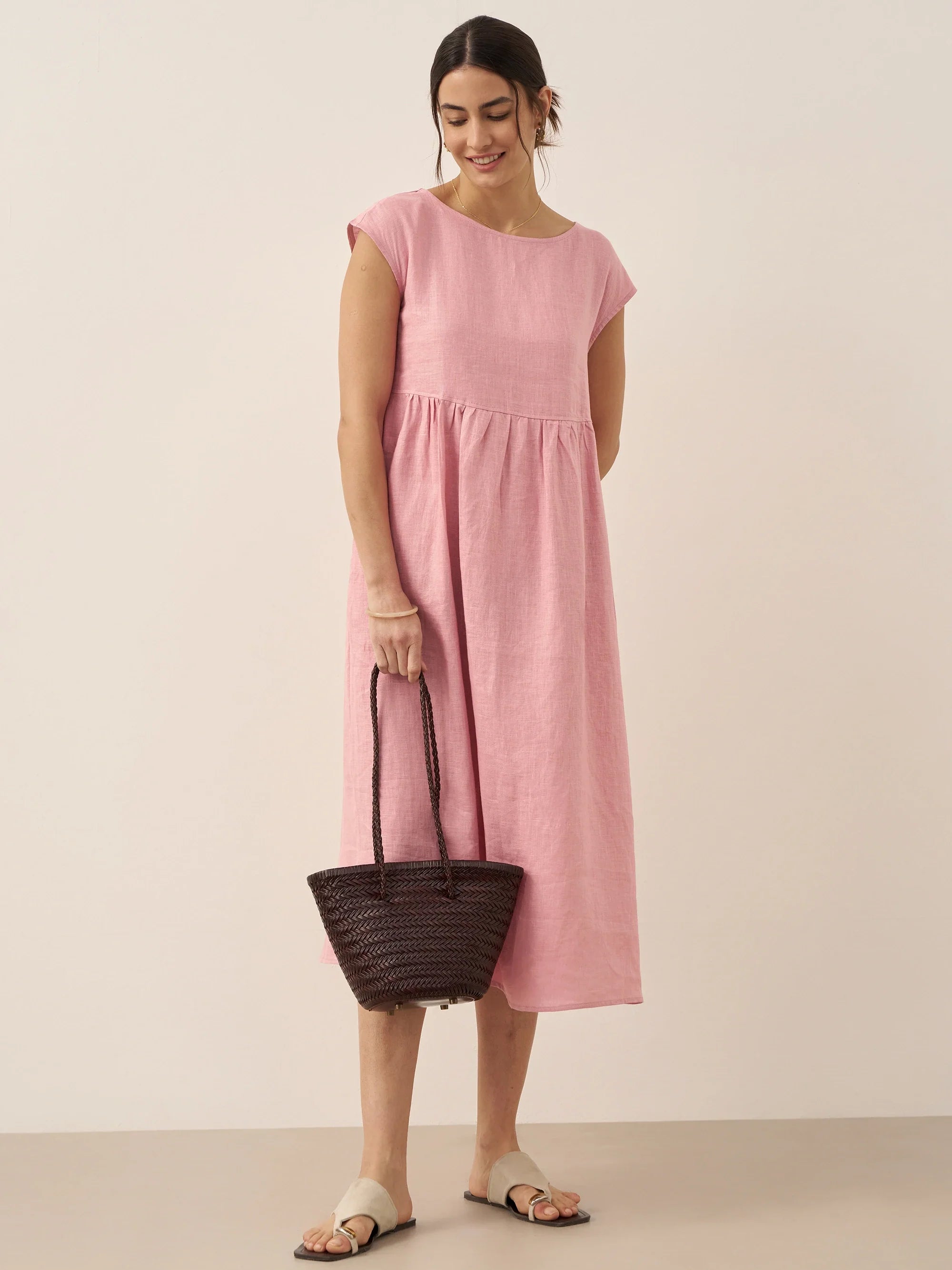 Robe midi lavée en lin à rayures et manches courtes JOAN