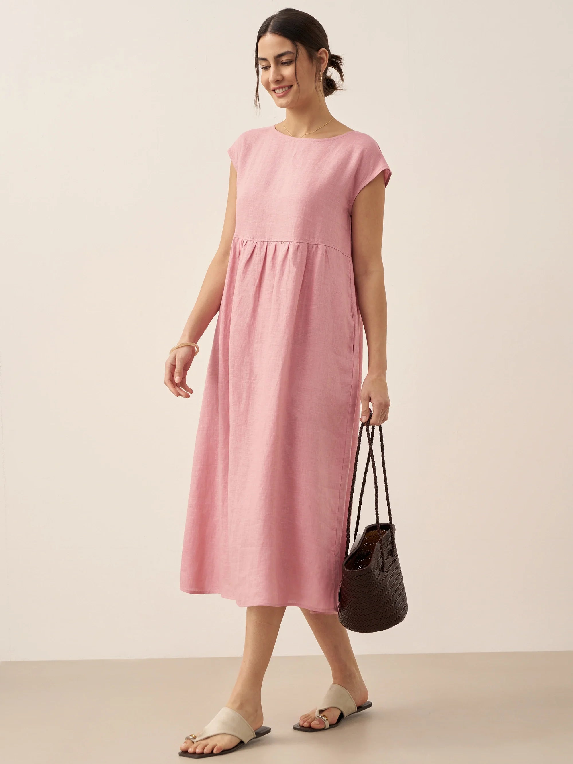 Robe midi lavée en lin à rayures et manches courtes JOAN