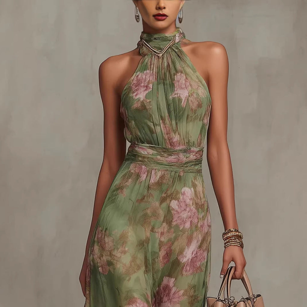 Robe maxi suspendue en maille imprimé graffiti verte – Robe streetwear taille haute fendue asymétrique