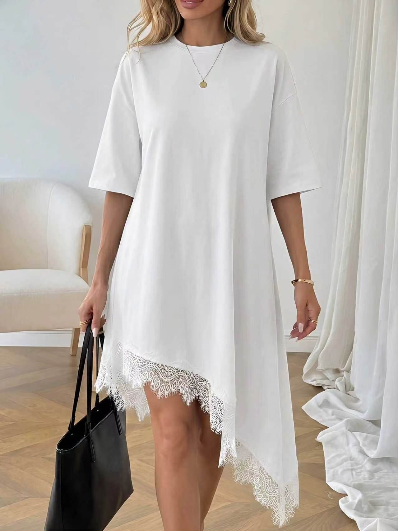 Robe asymétrique à manches trois quarts avec dentelle pour femme