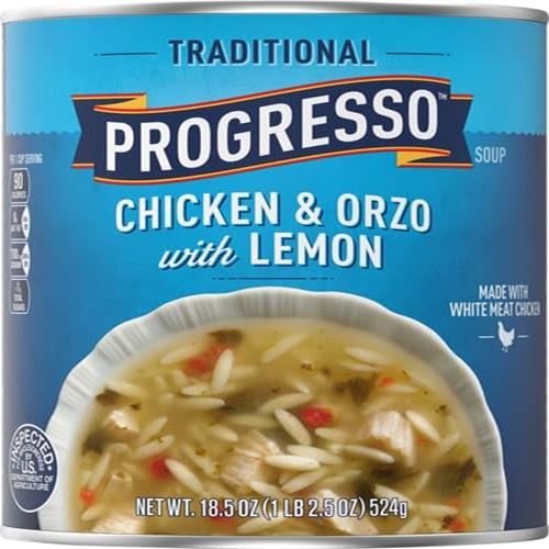 Progresso Traditional, soupe en conserve poulet et orzo au citron, 524 g.